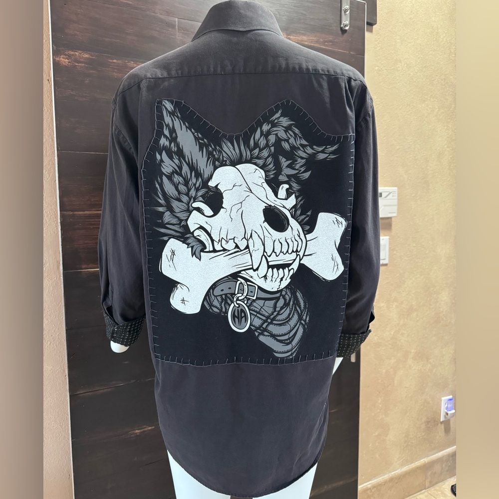 Dog Skull Gray Oversized Shirt Jacket- Edgy, Casual with a Bold Statement